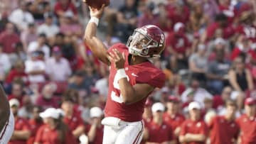 Sep 11, 2021; Tuscaloosa, Alabama, USA; Alabama Crimson Tide quarterback Bryce Young (9) passes against Mercer Bears at Bryant-Denny Stadium. Mandatory Credit: Marvin Gentry-USA TODAY Sports