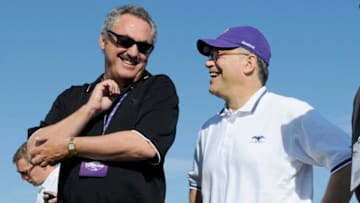 MANKATO, MN - AUGUST 4: Owner Zygi Wilf (L) of the Minnesota Vikings speaks with U.S. Sen. Al Franken (D-MN) during training camp at Minnesota State University on August 4, 2011 in Mankato, Minnesota. (Photo by Hannah Foslien/Getty Images)