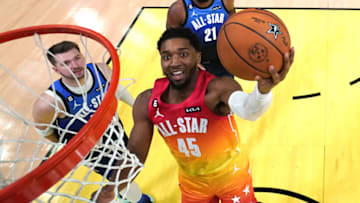 SALT LAKE CITY, UTAH - FEBRUARY 19: Donovan Mitchell #45 of the Cleveland Cavaliers goes up for a shot against Luka Doncic #77 of the Dallas Mavericks in the 2023 NBA All Star Game between Team Giannis and Team LeBron at Vivint Arena on February 19, 2023 in Salt Lake City, Utah. NOTE TO USER: User expressly acknowledges and agrees that, by downloading and or using this photograph, User is consenting to the terms and conditions of the Getty Images License Agreement. (Photo by Kyle Terada - Pool/Getty Images)