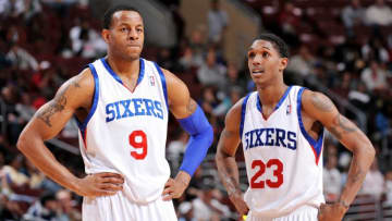 PHILADELPHIA - NOVEMBER 20: Andre Iguodala #9 and Louis Williams #23 of the Philadelphia 76ers stand on the court during the game against the Memphis Grizzlies at Wachovia Center on November 20, 2009 in Philadelphia, Pennsylvania. The Grizzlies won 102-97. NOTE TO USER: User expressly acknowledges and agrees that, by downloading and/or using this Photograph, user is consenting to the terms and conditions of the Getty Images License Agreement. Mandatory Copyright Notice: Copyright 2009 NBAE (Photo by Jesse D. Garrabrant/NBAE via Getty Images)