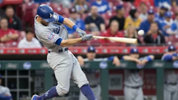 CINCINNATI, OH - SEPTEMBER 10: Chris Taylor #3 of the Los Angeles Dodgers hits a single in the first inning of the game against the Cincinnati Reds at Great American Ball Park on September 10, 2018 in Cincinnati, Ohio. (Photo by Justin Casterline/Getty Images)