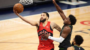 MINNEAPOLIS, MINNESOTA - FEBRUARY 19: Fred VanVleet #23 of the Toronto Raptors shoots the ball against Anthony Edwards #1 of the Minnesota Timberwolves during the first quarter of the game at Target Center on February 19, 2021 in Minneapolis, Minnesota. NOTE TO USER: User expressly acknowledges and agrees that, by downloading and or using this Photograph, user is consenting to the terms and conditions of the Getty Images License Agreement (Photo by Hannah Foslien/Getty Images)