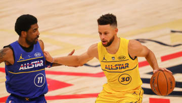 ATLANTA, GEORGIA - MARCH 07: Stephen Curry #30 of Team LeBron is defended by Kyrie Irving #11 of Team Durant during the second half in the 70th NBA All-Star Game at State Farm Arena on March 07, 2021 in Atlanta, Georgia. (Photo by Kevin C. Cox/Getty Images)