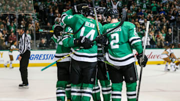 DALLAS, TX - NOVEMBER 24: Dallas Stars center Tyler Seguin (91) celebrates a goal completing a hat trick with his teammates during the game between the Dallas Stars and the Calgary Flames on November 24, 2017 at the American Airlines Center in Dallas, Texas. Dallas beats Calgary 6-3. (Photo by Matthew Pearce/Icon Sportswire via Getty Images)