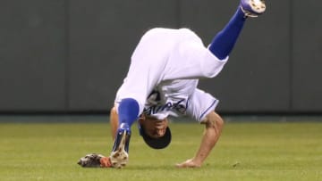 KANSAS CITY, MO - JULY 17: Kansas City Royals center fielder Billy Burns (14) flips after making a diving catch off the bat of Detroit Tigers left fielder Justin Upton (8) in the eighth inning of an AL Central game between the Detroit Tigers and Kansas City Royals on July 17, 2017 at Kauffman Stadium in Kansas City, MO. (Photo by Scott Winters/Icon Sportswire via Getty Images)