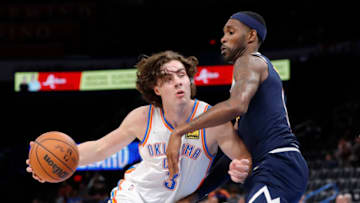 OKC Thunder guard Josh Giddey (3) drives to the basket around Denver Nuggets forward Will Barton (5): Alonzo Adams-USA TODAY Sports
