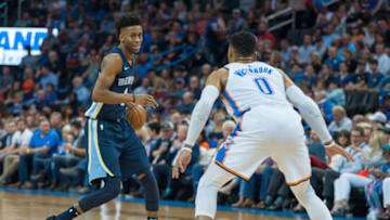 OKLAHOMA CITY, OK - APRIL 11: Memphis Grizzlies Guard Kobi Simmons (2) looking for a play while Oklahoma City Thunder Guard Russell Westbrook (0) plays defense on April 11, 2018 at Chesapeake Energy Arena in Oklahoma City, Oklahoma. (Photo by Torrey Purvey/Icon Sportswire via Getty Images)