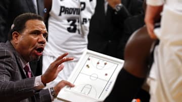 Mar 10, 2016; New York, NY, USA; Providence Friars head coach Ed Cooley talks to players during time out against Butler Bulldogs during the second half of Big East conference tournament at Madison Square Garden. Providence Friars defeated Butler Bulldogs 74-60. Mandatory Credit: Noah K. Murray-USA TODAY Sports