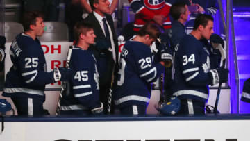 TORONTO, ON- SEPTEMBER 25 - Toronto Maple Leafs center Auston Matthews (34) and the Leafs listen to the Canadian National anthem as the Toronto Maple Leafs play the Montreal Canadiens in NHL pre-season action at the Ricoh Coliseum in Toronto. September 25, 2017. (Steve Russell/Toronto Star via Getty Images)