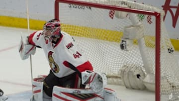 Mar 26, 2016; Ottawa, Ontario, CAN; Anaheim Ducks center Rickard Rakell (67 - not pictured) scores the game winning goal against Ottawa Senators goalie Craig Anderson (41) in overtime at the Canadian Tire Centre. The Ducks defeated the Senators 4-3. Mandatory Credit: Marc DesRosiers-USA TODAY Sports