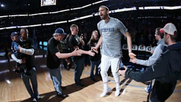 MEMPHIS, TN - DECEMBER 9: Marc Gasol #33 of the Memphis Grizzlies high fives fans before the game against the Oklahoma City Thunder on December 9, 2017 at FedExForum in Memphis, Tennessee. NOTE TO USER: User expressly acknowledges and agrees that, by downloading and or using this photograph, User is consenting to the terms and conditions of the Getty Images License Agreement. Mandatory Copyright Notice: Copyright 2017 NBAE (Photo by Joe Murphy/NBAE via Getty Images)