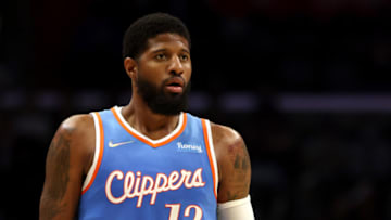 Paul George #13 of the Los Angeles Clippers looks on during the second half against the Sacramento Kings at Crypto.com Arena on April 09, 2022 in Los Angeles, California. NOTE TO USER: User expressly acknowledges and agrees that, by downloading and or using this photograph, User is consenting to the terms and conditions of the Getty Images License Agreement. (Photo by Katelyn Mulcahy/Getty Images)