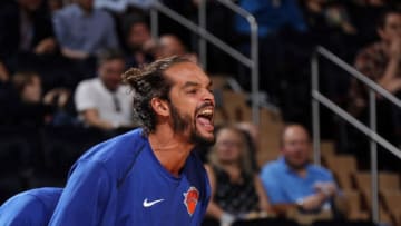 NEW YORK, NY - OCTOBER 13: Joakim Noah #13 of the New York Knicks cheers on teammates during the game against the Washington Wizards on October 13, 2017 at Madison Square Garden in New York City, New York. NOTE TO USER: User expressly acknowledges and agrees that, by downloading and or using this photograph, User is consenting to the terms and conditions of the Getty Images License Agreement. Mandatory Copyright Notice: Copyright 2017 NBAE (Photo by Nathaniel S. Butler/NBAE via Getty Images)