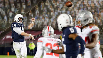 Penn State Nittany Lions quarterback Sean Clifford (14) attempts a two-point conversion during the fourth quarter of a NCAA football game at Beaver Stadium in University Park, Pa. on Saturday, Oct. 31, 2020. The pass was knocked down incomplete in the end zone.Ohio State Faces Penn State In Happy Valley