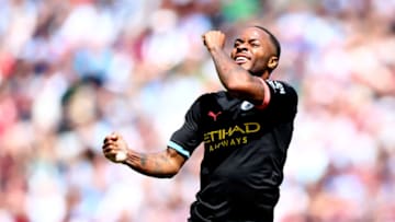 LONDON, ENGLAND - AUGUST 10: Raheem Sterling of Manchester City celebrates scoring his teams third goal during the Premier League match between West Ham United and Manchester City at London Stadium on August 10, 2019 in London, United Kingdom. (Photo by Chloe Knott - Danehouse/Getty Images )