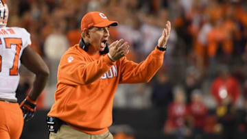 SANTA CLARA, CA - JANUARY 07: Head coach Dabo Swinney of the Clemson Tigers reacts against the Alabama Crimson Tide in the CFP National Championship presented by AT&T at Levi's Stadium on January 7, 2019 in Santa Clara, California. (Photo by Harry How/Getty Images)