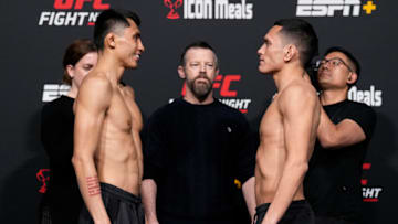 LAS VEGAS, NEVADA - FEBRUARY 25: (L-R) Opponents Victor Altamirano of Mexico and Carlos Hernandez face off during the UFC Fight Night weigh-in at UFC APEX on February 25, 2022 in Las Vegas, Nevada. (Photo by Chris Unger/Zuffa LLC)