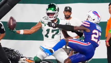 Sep 11, 2023; East Rutherford, New Jersey, USA; New York Jets wide receiver Garrett Wilson (17) catches a touchdown during the fourth quarter against the Buffalo Bills at MetLife Stadium. Mandatory Credit: Robert Deutsch-USA TODAY Sports