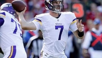 Aug 25, 2013; San Francisco, CA, USA; Minnesota Vikings quarterback Christian Ponder (7) prepares to throw a pass against the San Francisco 49ers in the first quarter at Candlestick Park. Mandatory Credit: Cary Edmondson-USA TODAY Sports