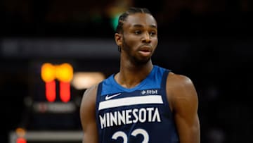 MINNEAPOLIS, MN - OCTOBER 27: Andrew Wiggins #22 of the Minnesota Timberwolves looks on during the game against the Oklahoma City Thunder on October 27, 2017 at the Target Center in Minneapolis, Minnesota. NOTE TO USER: User expressly acknowledges and agrees that, by downloading and or using this Photograph, user is consenting to the terms and conditions of the Getty Images License Agreement. (Photo by Hannah Foslien/Getty Images)
