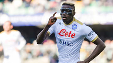 MARCANTONIO BENTEGODI STADIUM, VERONA, ITALY - 2022/03/13: Victor Osimhen of SSC Napoli celebrates after scoring the goal of 0-1 during the Serie A 2021/2022 football match between Hellas Verona and SSC Napoli. SSC Napoli won 2-1 over Hellas Verona. (Photo by Andrea Staccioli/Insidefoto/LightRocket via Getty Images)
