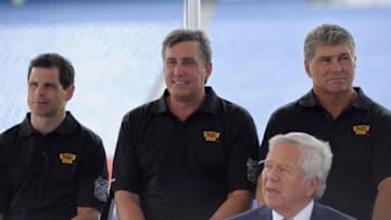 Jul 29, 2015; Foxboro, MA, USA; Boston Bruins general manager Don Sweeney and president Cam Neely and former Bruins defenseman Ray Bourque during a press conference for the Winter Classic hockey game at Gillette Stadium. Mandatory Credit: Bob DeChiara-USA TODAY Sports