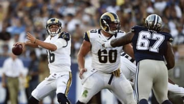 Aug 13, 2016; Los Angeles, CA, USA; Los Angeles Rams quarterback Jared Goff (16) throws a pass during the second quarter against the Dallas Cowboys at Los Angeles Memorial Coliseum. Mandatory Credit: Kelvin Kuo-USA TODAY Sports