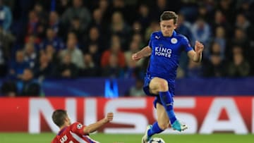 LEICESTER, ENGLAND - APRIL 18: Ben Chilwell of Leicester City is tackled by Gabi of Atletico Madrid during the UEFA Champions League Quarter Final second leg match between Leicester City and Club Atletico de Madrid at The King Power Stadium on April 18, 2017 in Leicester, United Kingdom. (Photo by Richard Heathcote/Getty Images)