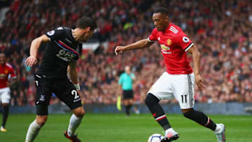 MANCHESTER, ENGLAND - SEPTEMBER 30: Anthony Martial of Manchester United attempts to get past Joel Ward of Crystal Palace during the Premier League match between Manchester United and Crystal Palace at Old Trafford on September 30, 2017 in Manchester, England. (Photo by Clive Brunskill/Getty Images)