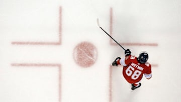SUNRISE, FL - DECEMBER 8: Mike Hoffman #68 of the Florida Panthers skates for position against the New York Rangers at the BB&T Center on December 8, 2018 in Sunrise, Florida. (Photo by Eliot J. Schechter/NHLI via Getty Images)