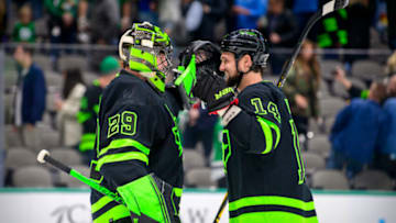 Dec 2, 2021; Dallas, Texas, USA; Dallas Stars goaltender Jake Oettinger (29) and left wing Jamie Benn (14) celebrate the win over the Columbus Blue Jackets at the American Airlines Center. Mandatory Credit: Jerome Miron-USA TODAY Sports
