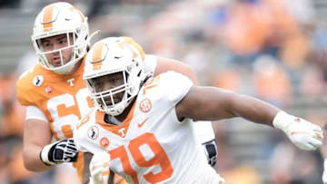 Tennessee defensive lineman Kurott Garland (79) is defended by Tennessee offensive lineman Dayne Davis (66) at the Orange & White spring game at Neyland Stadium in Knoxville, Tenn. on Saturday, April 24, 2021.Kns Vols Spring Game