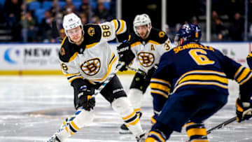 BUFFALO, NY - December 19: Boston Bruins right wing David Pastrnak (88) shoots in on goal during an NHL game between the Boston Bruins and Buffalo Sabres on December 19, 2017, at KeyBank Center in Buffalo, NY. (Jerome Davis/Icon Sportswire via Getty Images)