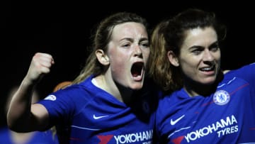 KINGSTON UPON THAMES, ENGLAND - MARCH 21: Erin Cuthbert (L) of Chelsea Women celebrates with team mate Karen Carney after scoring her sides second goal during the UEFA Women's Champions League: Quarter Final First Leg match between Chelsea Women and Paris Saint-Germain at Kingsmeadow on March 21, 2019 in Kingston upon Thames, England. (Photo by Ker Robertson/Getty Images)