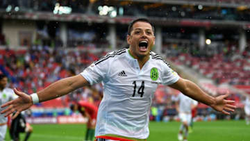 MOSCOW, RUSSIA - JULY 02: Javier Hernandez of Mexico celebrates his sides first goal as Luis Neto of Portugal (not pictured) scored a own goal during the FIFA Confederations Cup Russia 2017 Play-Off for Third Place between Portugal and Mexico at Spartak Stadium on July 2, 2017 in Moscow, Russia. (Photo by Laurence Griffiths/Getty Images)