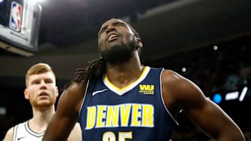 SAN ANTONIO,TX - OCTOBER 8: Kenneth Faried #35 of the Denver Nuggets reacts during game against the San Antonio Spurs at AT&T Center on October 8, 2017 in San Antonio, Texas. NOTE TO USER: User expressly acknowledges and agrees that , by downloading and or using this photograph, User is consenting to the terms and conditions of the Getty Images License Agreement. (Photo by Ronald Cortes/Getty Images)