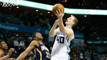 Nov 7, 2016; Charlotte, NC, USA; Charlotte Hornets forward Cody Zeller (40) goes up for a shot against Indiana Pacers center Myles Turner (33) in the second half at Spectrum Center. The Hornets defeated the Pacers 122-100. Mandatory Credit: Jeremy Brevard-USA TODAY Sports