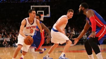 Jan 2, 2015; New York, NY, USA; New York Knicks guard Pablo Prigioni (9) drives the ball during the third quarter against the Detroit Pistons at Madison Square Garden. Detroit Pistons won 97-81. Mandatory Credit: Anthony Gruppuso-USA TODAY Sports