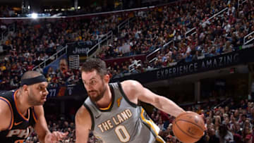 CLEVELAND, OH - MARCH 23: Kevin Love #0 of the Cleveland Cavaliers drives to the basket against the Phoenix Suns on March 23, 2018 at Quicken Loans Arena in Cleveland, Ohio. NOTE TO USER: User expressly acknowledges and agrees that, by downloading and/or using this Photograph, user is consenting to the terms and conditions of the Getty Images License Agreement. Mandatory Copyright Notice: Copyright 2018 NBAE (Photo by David Liam Kyle/NBAE via Getty Images)