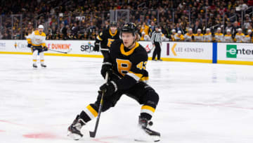 BOSTON, MA - DECEMBER 21: Danton Heinen #43 of the Boston Bruins skates against the Nashville Predators at TD Garden on December 21, 2019 in Boston, Massachusetts. The Predators won 4-3 in overtime. (Photo by Rich Gagnon/Getty Images)