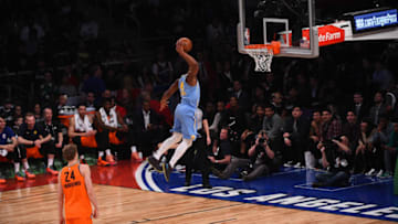 LOS ANGELES, CA - FEBRUARY 16: Donovan Mitchell #45 of the U.S. Team dunks during the Mtn Dew Kickstart Rising Stars Game during All-Star Friday Night as part of 2018 NBA All-Star Weekend at the STAPLES Center on February 16, 2018 in Los Angeles, California. NOTE TO USER: User expressly acknowledges and agrees that, by downloading and/or using this photograph, user is consenting to the terms and conditions of the Getty Images License Agreement. Mandatory Copyright Notice: Copyright 2018 NBAE (Photo by Noah Graham/NBAE via Getty Images)