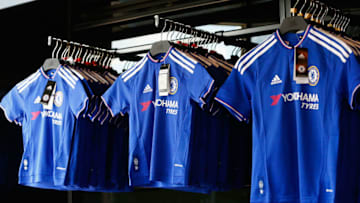 LONDON, ENGLAND - AUGUST 08: Chelsea replica shirts are sold ahead of the Barclays Premier League match between Chelsea and Swansea City at Stamford Bridge on August 8, 2015 in London, England. (Photo by Julian Finney/Getty Images)