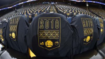 OAKLAND, CA - OCTOBER 16: t shirts are displayed over chairs for fans prior to the game between the Golden State Warriors and the Oklahoma City Thunder on October 16, 2018 at ORACLE Arena in Oakland, California. NOTE TO USER: User expressly acknowledges and agrees that, by downloading and or using this photograph, user is consenting to the terms and conditions of Getty Images License Agreement. Mandatory Copyright Notice: Copyright 2018 NBAE (Photo by Andrew D. Bernstein/NBAE via Getty Images)