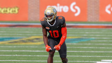 MOBILE, AL - JANUARY 30: Wide Receiver Demetric Felton #10 of the National Team during the 2021 Resse's Senior Bowl at Hancock Whitney Stadium on the campus of the University of South Alabama on January 30, 2021 in Mobile, Alabama. The National Team defeated the American Team 27-24. (Photo by Don Juan Moore/Getty Images)