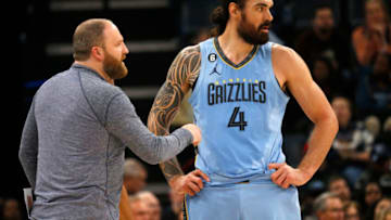 Memphis Grizzlies head coach Taylor Jenkins (left) Memphis Grizzlies center Steven Adams-Mandatory Credit: Petre Thomas-USA TODAY Sports