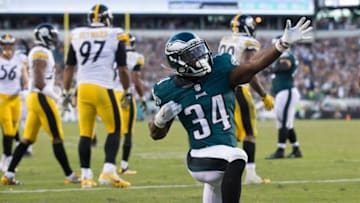 Sep 25, 2016; Philadelphia, PA, USA; Philadelphia Eagles running back Kenjon Barner (34) reacts after a touchdown run against the Pittsburgh Steelers during the third quarter at Lincoln Financial Field. Mandatory Credit: Bill Streicher-USA TODAY Sports