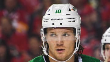 CALGARY, AB - MAY 15: Ty Dellandrea #10 of the Dallas Stars in action against the Calgary Flames during Game Seven of the First Round of the 2022 Stanley Cup Playoffs at Scotiabank Saddledome on May 15, 2022 in Calgary, Alberta, Canada. The Flames defeated the Stars 3-2 in overtime. (Photo by Derek Leung/Getty Images)