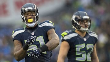 Nov 2, 2014; Seattle, WA, USA; Seattle Seahawks outside linebacker Bruce Irvin (51) dances after making a defensive stop during the second half against the Oakland Raiders at CenturyLink Field. Seattle defeated Oakland 30-24. Mandatory Credit: Steven Bisig-USA TODAY Sports