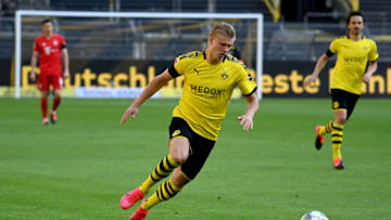 Dortmund's Norwegian forward Erling Braut Haaland controls the ball during the German first division Bundesliga football match BVB Borussia Dortmund v FC Bayern Munich on May 26, 2020 in Dortmund, western Germany. (Photo by Federico Gambarini / POOL / AFP) / DFL REGULATIONS PROHIBIT ANY USE OF PHOTOGRAPHS AS IMAGE SEQUENCES AND/OR QUASI-VIDEO (Photo by FEDERICO GAMBARINI/POOL/AFP via Getty Images)