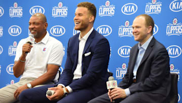 PLAYA VISTA, CA - JULY 18: Doc Rivers and Lawrence Frank of the LA Clippers hold a press conference to announce the re-signing of Blake Griffin in Playa Vista, California on July 18, 2017 at Clippers Training Facility. NOTE TO USER: User expressly acknowledges and agrees that, by downloading and or using this photograph, User is consenting to the terms and conditions of the Getty Images License Agreement. Mandatory Copyright Notice: Copyright 2017 NBAE (Photo by Andrew D. Bernstein/NBAE via Getty Images)